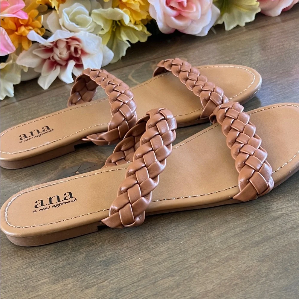 a.n.a Braided Double-Strap Slide Sandals in Cognac Brown